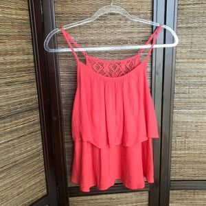 Mine Brand Tiered Spaghetti Strap Coral Lace Tank